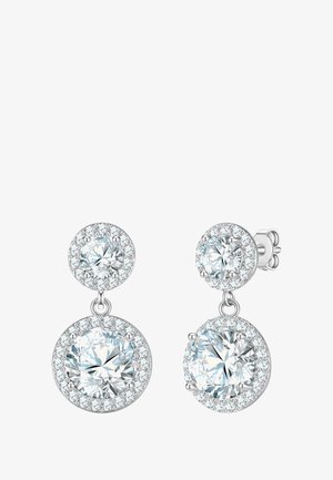 Srebrni uhani, ki imajo dva krožna dizajna. Vsak dizajn je okrašen z velikimi, čistimi kamni, obdanimi s manjšimi kamni.