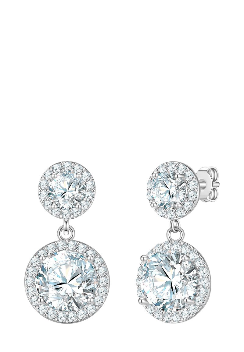 Srebrne naušnice s dva kružna dizajna. Svaki dizajn ukrašen je velikim, prozirnim kamenjem okruženim manjim kamenčićima.