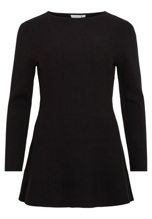 Rochie neagră cu mâneci lungi, decolteu rotund, tiv evazat și textură netedă, realizată dintr-un material tricotat moale.