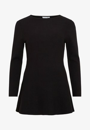 Robe noire à manches longues avec un col rond, un ourlet évasé et une texture lisse, fabriquée en tissu tricoté doux.