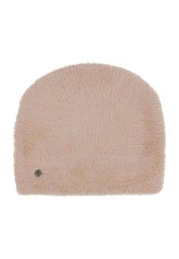 Cappello in pelliccia sintetica morbida e leggera di colore rosa chiaro, con una parte superiore rotonda e una piccola etichetta in metallo vicino al bordo inferiore.