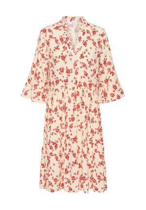 Crèmekleurige midi-jurk met rode bloemenprint, V-hals, geplooide taille en driekwart mouw met wijde zoom.
