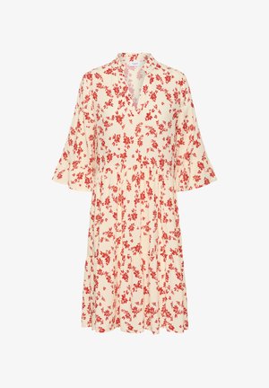 Abito midi crema con stampa floreale rossa, scollo a V, vita arricciata e maniche a campana a tre quarti.