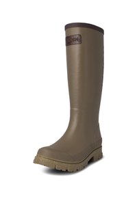 Bota de lluvia de goma en verde oliva, diseño hasta la rodilla, ribete de goma marrón texturizado en la parte superior, suela resistente con patrones antideslizantes, acento de logotipo marrón.