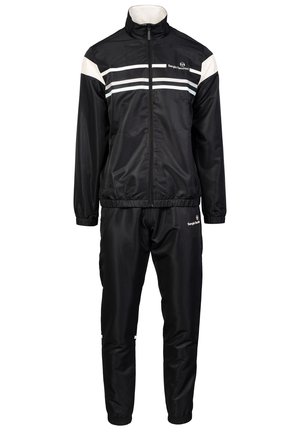 Czarny dres z narzutką na zamek z białymi paskami oraz dopasowanymi spodniami. Wykonany z gładkiego, syntetycznego materiału z elastycznymi mankietami.