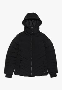 Černá vycpaná bunda s kapucí, se zipem vpředu, dvěma bočními kapsami a žebrovanými manžetami. Design s kosočtvercovým prošíváním zlepšuje izolaci.