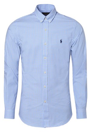 Langärmeliges Hemd mit Knopfleiste, blau-weiß kariertem Muster, geknöpftem Kragen und marineblauem Logo auf der linken Brust.