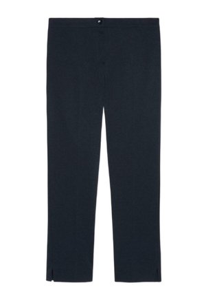 Donkerblauwe rechte broek met knoopsluiting aan de voorkant en kleine zijsplitjes aan de zoom.