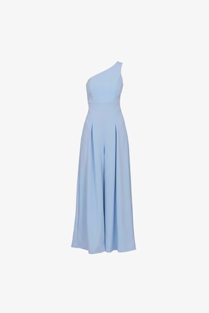 Lyseblå one-shoulder jumpsuit med tætsiddende bodice, bukser med vide ben og plisseringer foran på buksebenene.