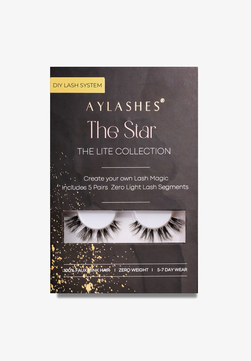 AYLASHES DIY lash system pack contains 5 pairs of faux mink eyelashes, black, zero weight, displayed in a clear plastic holder.