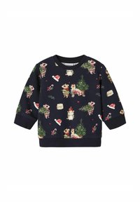 Granatowy sweatshirt z zabawnymi ilustracjami zwierząt, choinkami i świątecznymi akcentami. Miękki materiał z ściągaczami przy rękawach i u dołu.