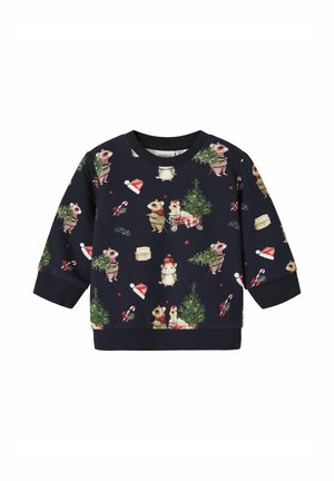 Marineblauwe sweatshirt met speelse dierenillustraties, kerstbomen en feestelijke accenten. Zachte stof met geribbelde boorden en onderrand.