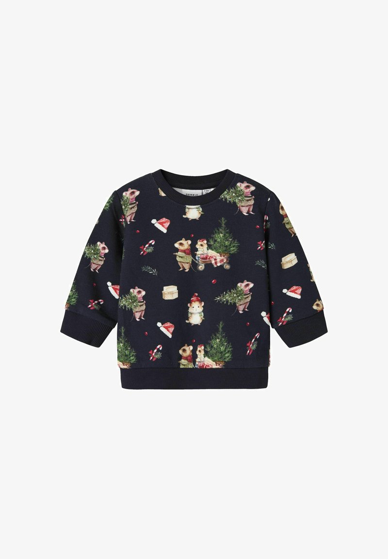 Granatowy sweatshirt z zabawnymi ilustracjami zwierząt, choinkami i świątecznymi akcentami. Miękki materiał z ściągaczami przy rękawach i u dołu.