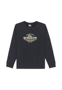 Čierne tričko s dlhým rukávom z bavlny, ktoré v strede hrude obsahuje grafiku loga "Quiksilver" v bielej a žltej farbe, s okrúhlym výstrihom.