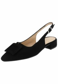 Black slingback shoe with a pointed toe, featuring a large square buckle accent, made of a soft material, with a low block heel.