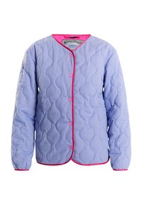 Quiltet jakke i lyse lilla stof med bølgemønster, pink kant og knaplukning. Har lange ærmer og rund halsudskæring.