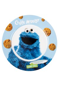 Circular ceramic plate featuring Cookie Monster on a light blue background, with chocolate chip cookies and "Cookie Monster" text.