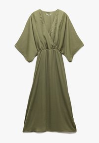Olivenfarbiges Midi-Kleid mit tiefem V-Ausschnitt, weiten Kimonoärmeln, elastischem Bund und fließendem Rock.