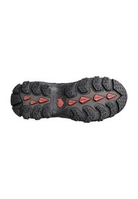 Rubber outsole with a black base and prominent red triangular tread patterns, designed for traction and durability.