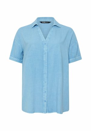 Hellblaues kurzärmeliges Hemd mit Knopfleiste, Kragen, geradem Saum und lockerem Sitz, aus leichtem Stoff gefertigt.