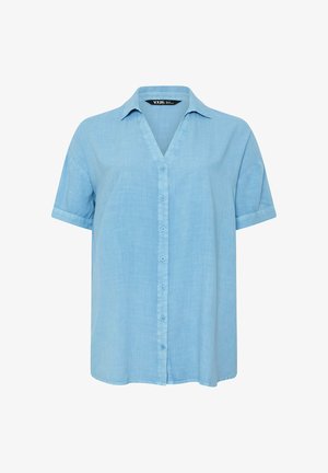 Chemise bleu clair à manches courtes avec boutons, col, ourlet droit et coupe décontractée, fabriquée en tissu léger.