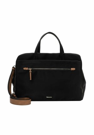 Zwarte stoffen tas met twee bovenhandvatten en een afneembare bruine schouderriem. Beschikt over een voorzak met rits en een gouden logo-detail.