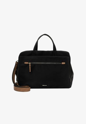 Schwarze Stofftasche mit zwei oberen Griffen und einem abnehmbaren braunen Schultergurt. Verfügt über eine vordere Reißverschlusstasche und ein goldenes Logo-Detail.