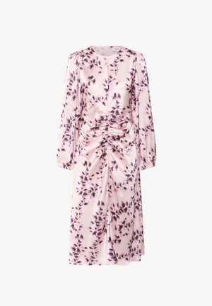 Roosa lilleline kleit satiinist. Omab pikki varrukaid, ümmargust kaela ning kogutud detaile vöö kohal. Muster sisaldab tumedamaid lillemotiive.