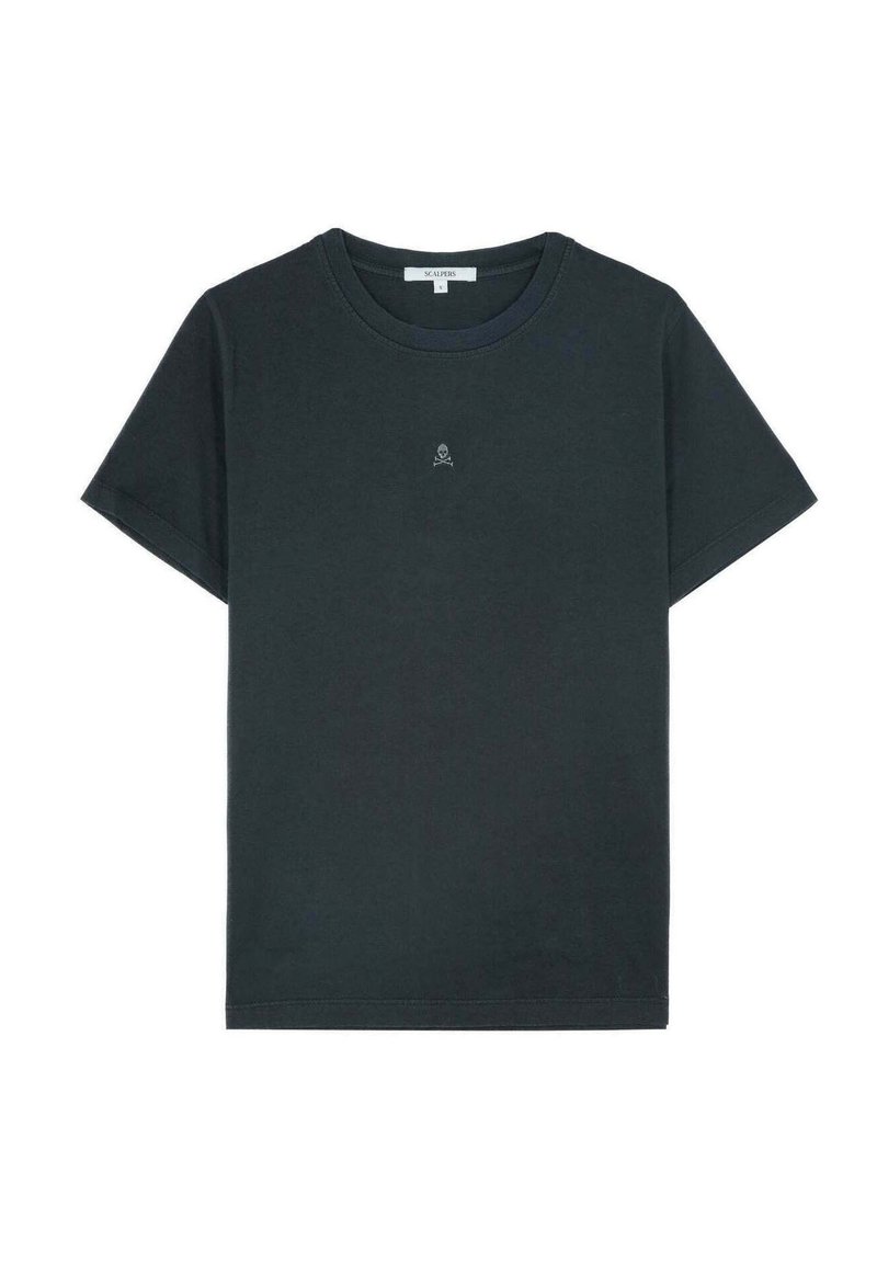 Black cotton t-shirt with short sleeves, round neckline, and a small skull logo on the chest. Smooth texture, minimalist design.