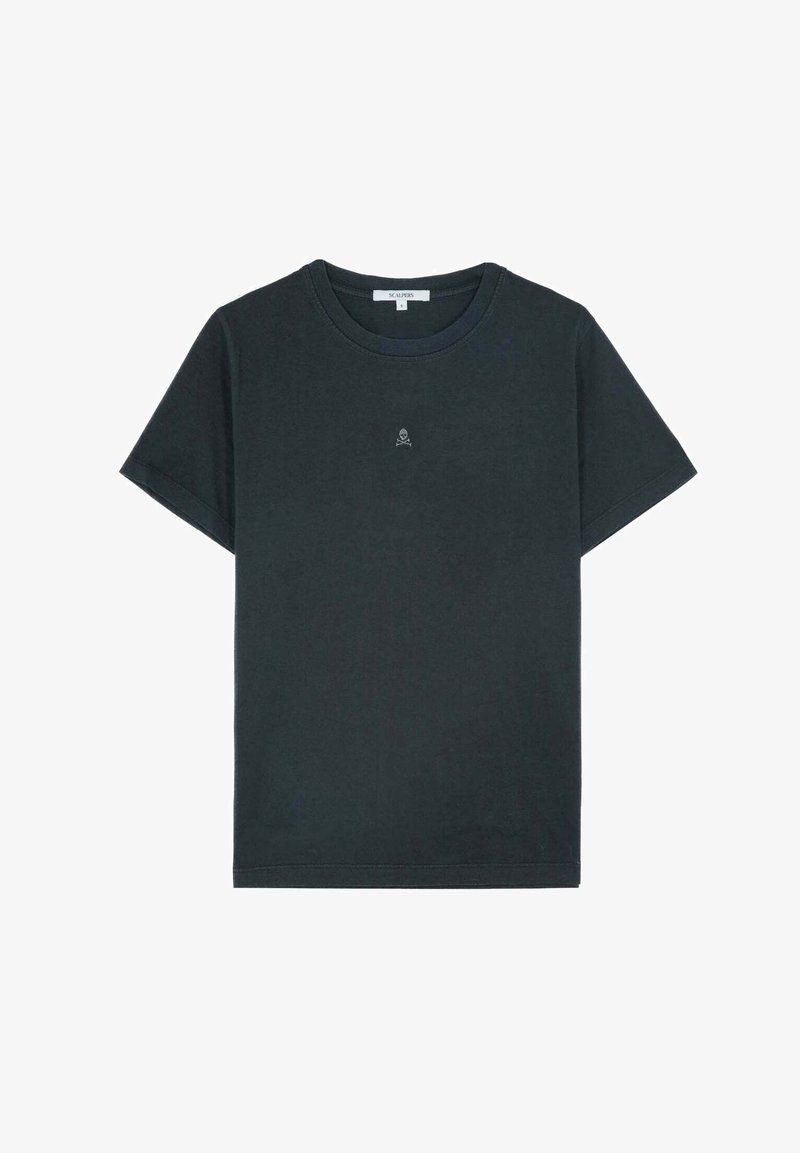 Black cotton t-shirt with short sleeves, round neckline, and a small skull logo on the chest. Smooth texture, minimalist design.