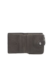 Portafoglio realizzato in pelle grigia scura texture, dotato di più scomparti per carte, di un compartimento con zip e di una chiusura a pressione con un logo minimale.
