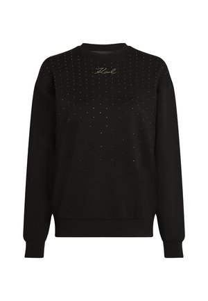 Black sweatshirt featuring a crew neckline, long sleeves, and a design adorned with rhinestones arranged in a grid pattern.