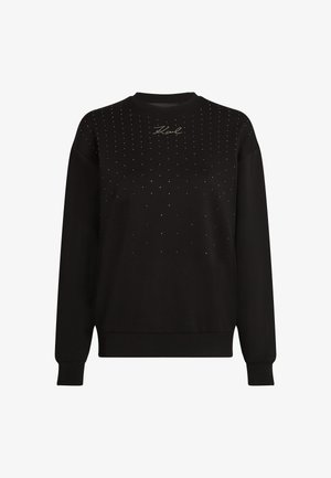 Felpa nera con scollatura a girocollo, maniche lunghe e un design decorato con strass disposti in un motivo a griglia.