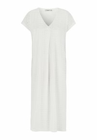 Vit kortärmad midiklänning med texturerat mönster, V-ringning och lätt plisserad detalj fram.