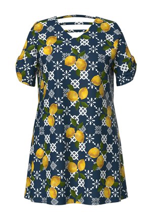 Tmavě modrá tunika s výstřihem do V a krátkými rukávy, zdobená bílým geometrickým a květinovým vzorem a žlutými citrony se zelenými listy.
