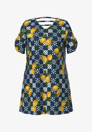 Marineblaue V-Ausschnitt-Tunika mit kurzen Ärmeln, versehen mit einem weißen geometrischen und floralen Muster sowie gelben Zitronen mit grünen Blättern.