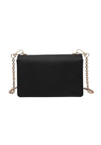 Borsa a tracolla nera in sintetico, di forma rettangolare, con superficie texture e una tracolla dorata. Caratterizzata da un design minimalista senza decorazioni visibili.