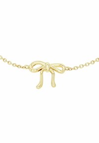 Collar en tono dorado con un colgante en forma de lazo de diseño suave y redondeado, con dos extremos fluidos, unido a una delicada cadena.