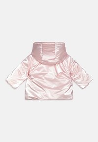 Padded jacket, pink satin finish, oversized design, hooded with short sleeves, smooth texture, no visible fastenings or patterns.