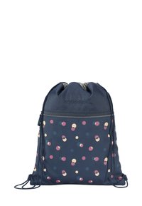 Drawstring backpack in navy fabric with a pattern of pink, cream, and teal polka dots; features a top cinch closure and zippered pocket.