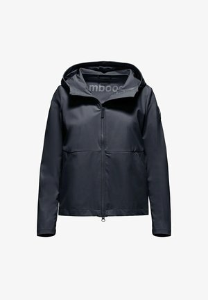 Giacca impermeabile nera con cappuccio, cerniera frontale e maniche lunghe, mostrata su sfondo bianco.