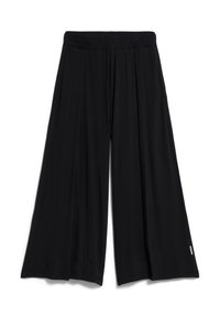 Zwarte brede broek met een elastische tailleband, gemaakt van zachte stof, met een losse pasvorm en subtiele drapingdetails.