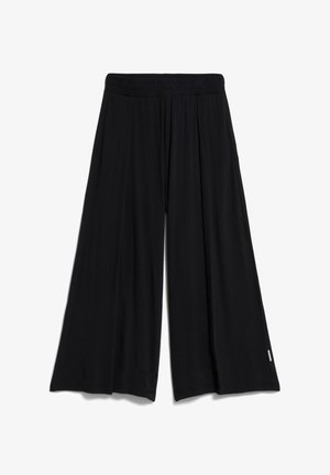 Schwarz weite Hosen mit elastischem Bund, aus weichem Stoff gefertigt, mit lockerer Passform und dezenten Drapierungsdetails.
