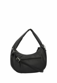 Borsa a tracolla in pelle nera con texture, dalla forma curvada, dotata di una singola tracolla e di un comparto con zip sulla parte frontale.