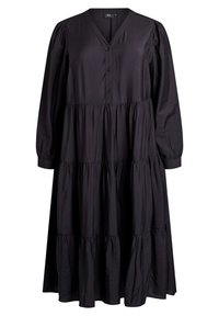 Vestido negro de manga larga con escote en V, botones en el frente y diseño en capas. Fabricado con un material suave, presenta mangas y cintura fruncidas.