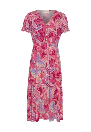 Robe midi rose à manches courtes avec col en V, détail de boutons et motif cachemire multicolore dans des tons de rouge, bleu, blanc et orange.