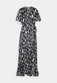 Robe maxi en satin noir avec motif abstrait de feuilles blanches, manches courtes à volants, design portefeuille, ceinture à la taille, et ourlet à volants.