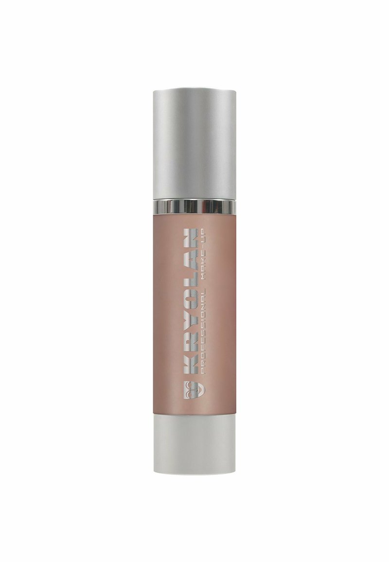 Kryolan foundation in a tall, cylindrical frosted bottle with a silver cap. Features branding in white text and a neutral beige hue.