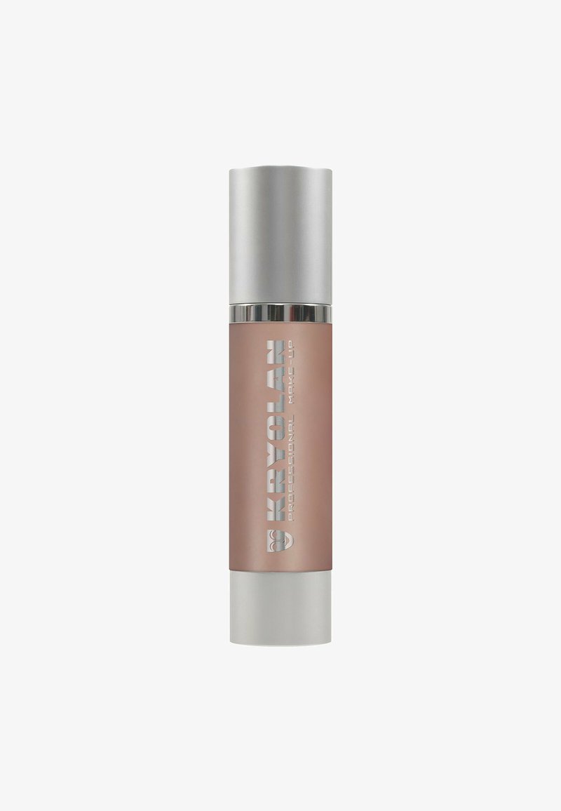 Kryolan foundation in a tall, cylindrical frosted bottle with a silver cap. Features branding in white text and a neutral beige hue.