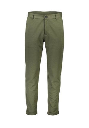 Olivgrüne Hose mit geradem Bein, seitlichen Taschen und Knopfverschluss. Der Stoff hat eine glatte Textur und umgekrempelte Säume.